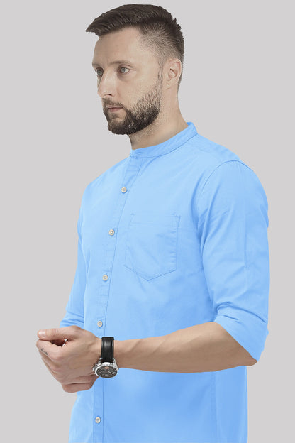 Hawkes Blue Mandarin Collar Giza Cotton Shirt