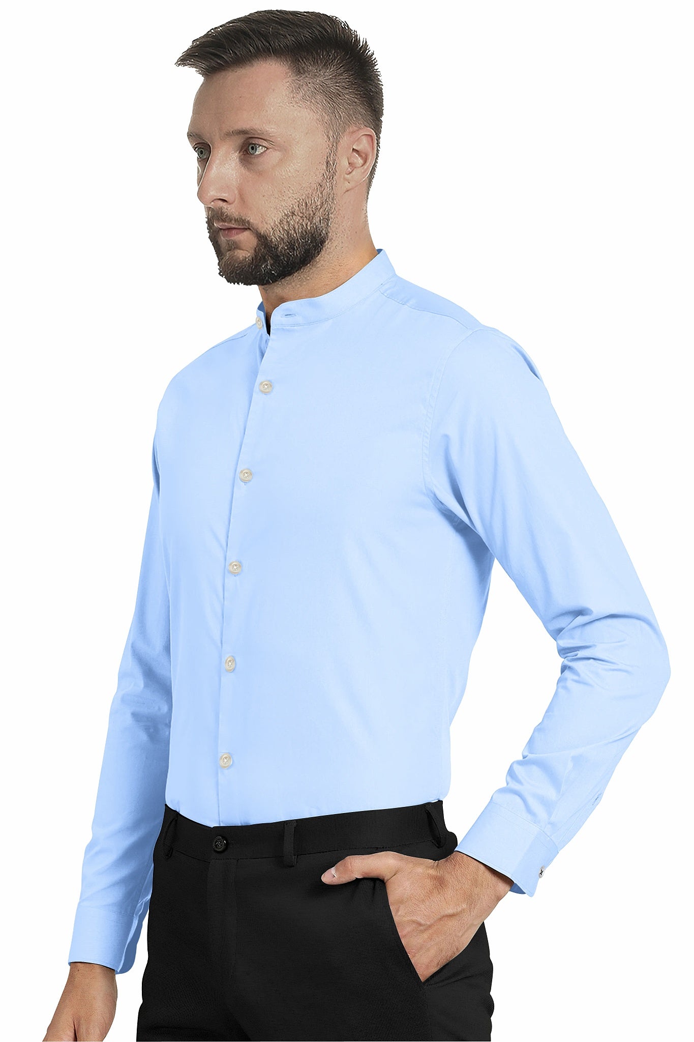 Hawkes Blue Mandarin Collar Giza Cotton Shirt