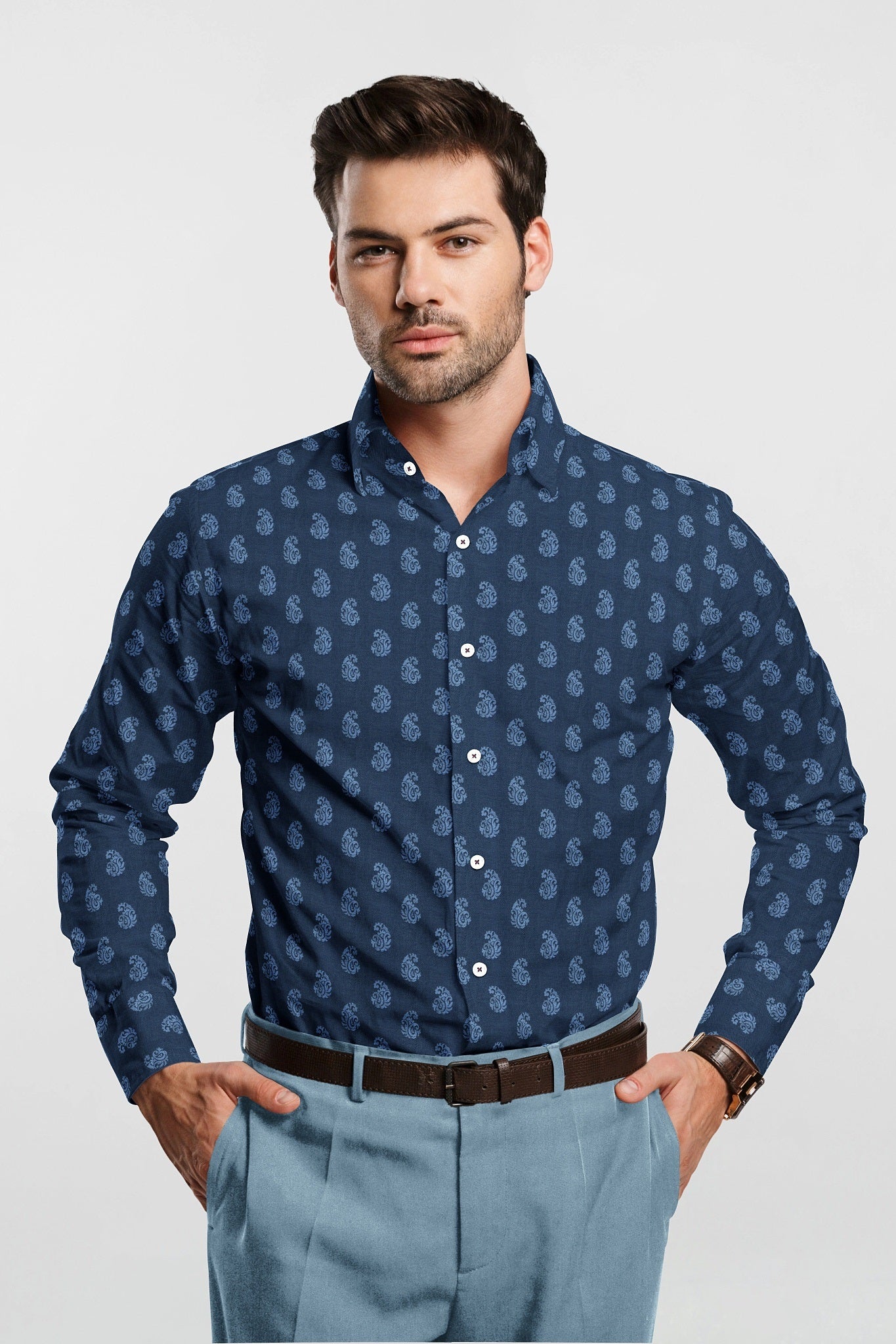 Galaxy Blue and Lichen Blue Mango Jacquard Print Egyptian Giza Cotton Shirt premium Egyptian Giza cotton raymond arvind high quality plus size cadini 