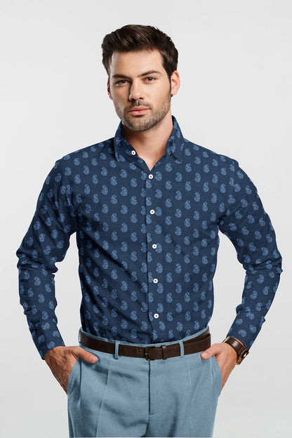 Galaxy Blue and Lichen Blue Mango Jacquard Print Egyptian Giza Cotton Shirt premium Egyptian Giza cotton raymond arvind high quality plus size cadini 