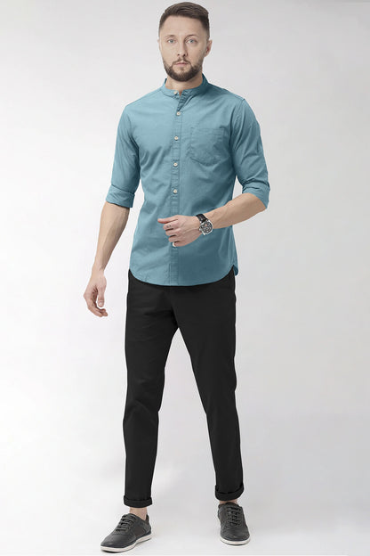 Stone Blue Mandarin Collar Giza Cotton Shirt