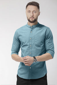 Stone Blue Mandarin Collar Giza Cotton Shirt