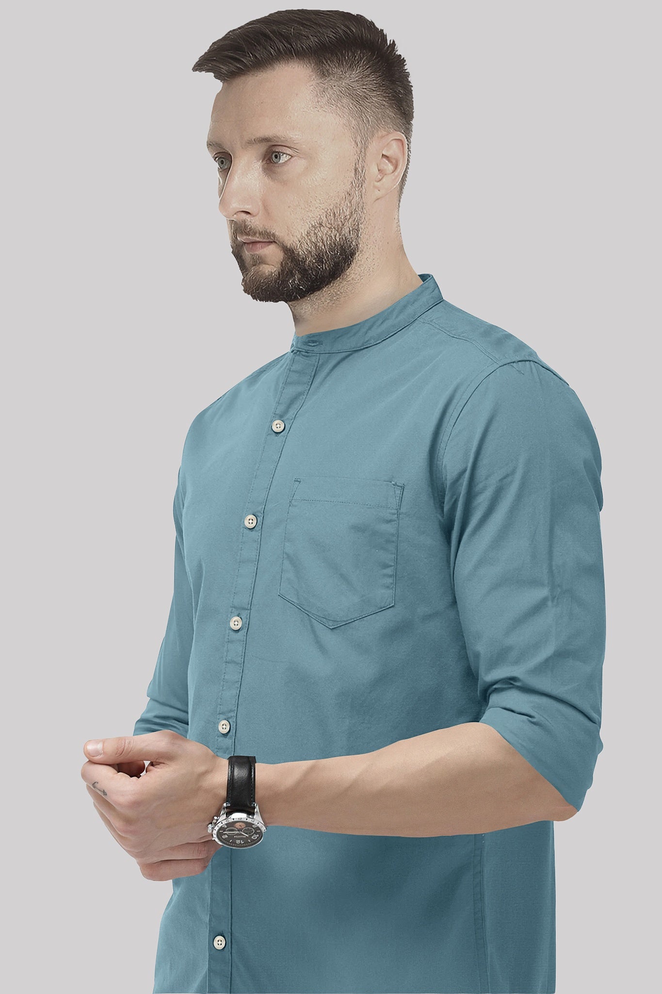 Stone Blue Mandarin Collar Giza Cotton Shirt