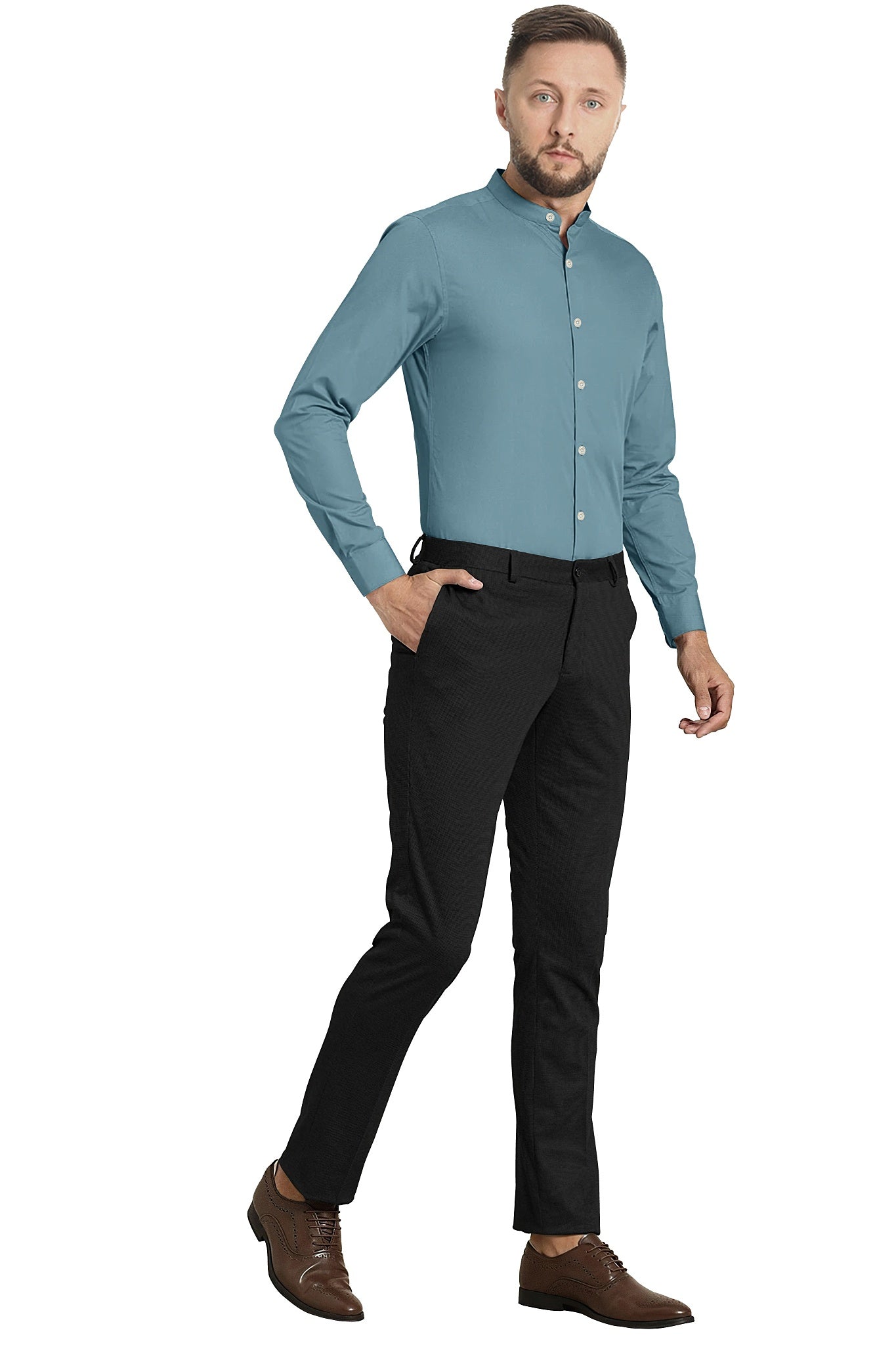 Stone Blue Mandarin Collar Giza Cotton Shirt