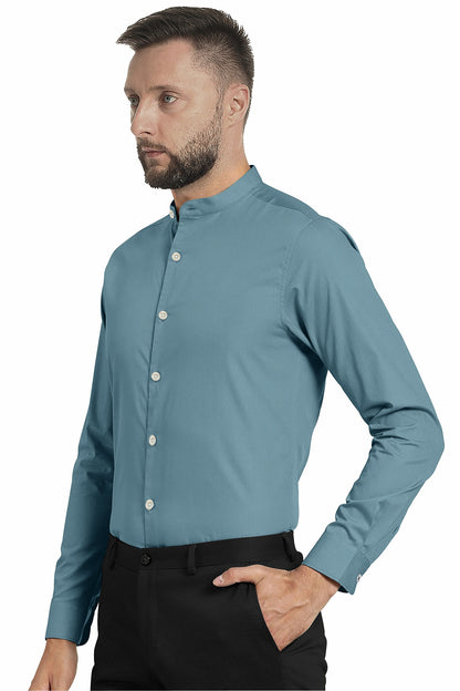 Stone Blue Mandarin Collar Giza Cotton Shirt