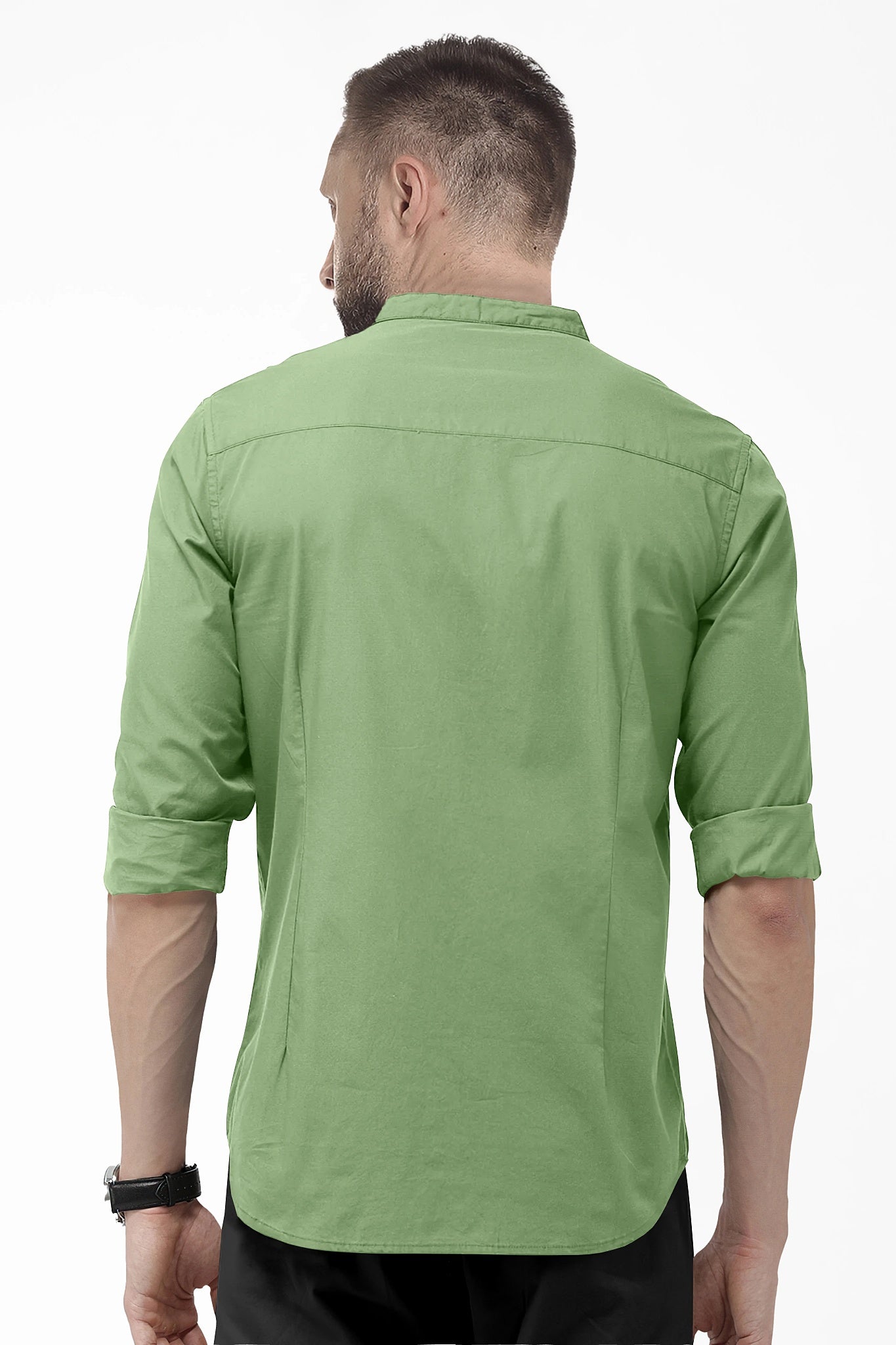 Mantle Green Mandarin Collar Giza Cotton Shirt