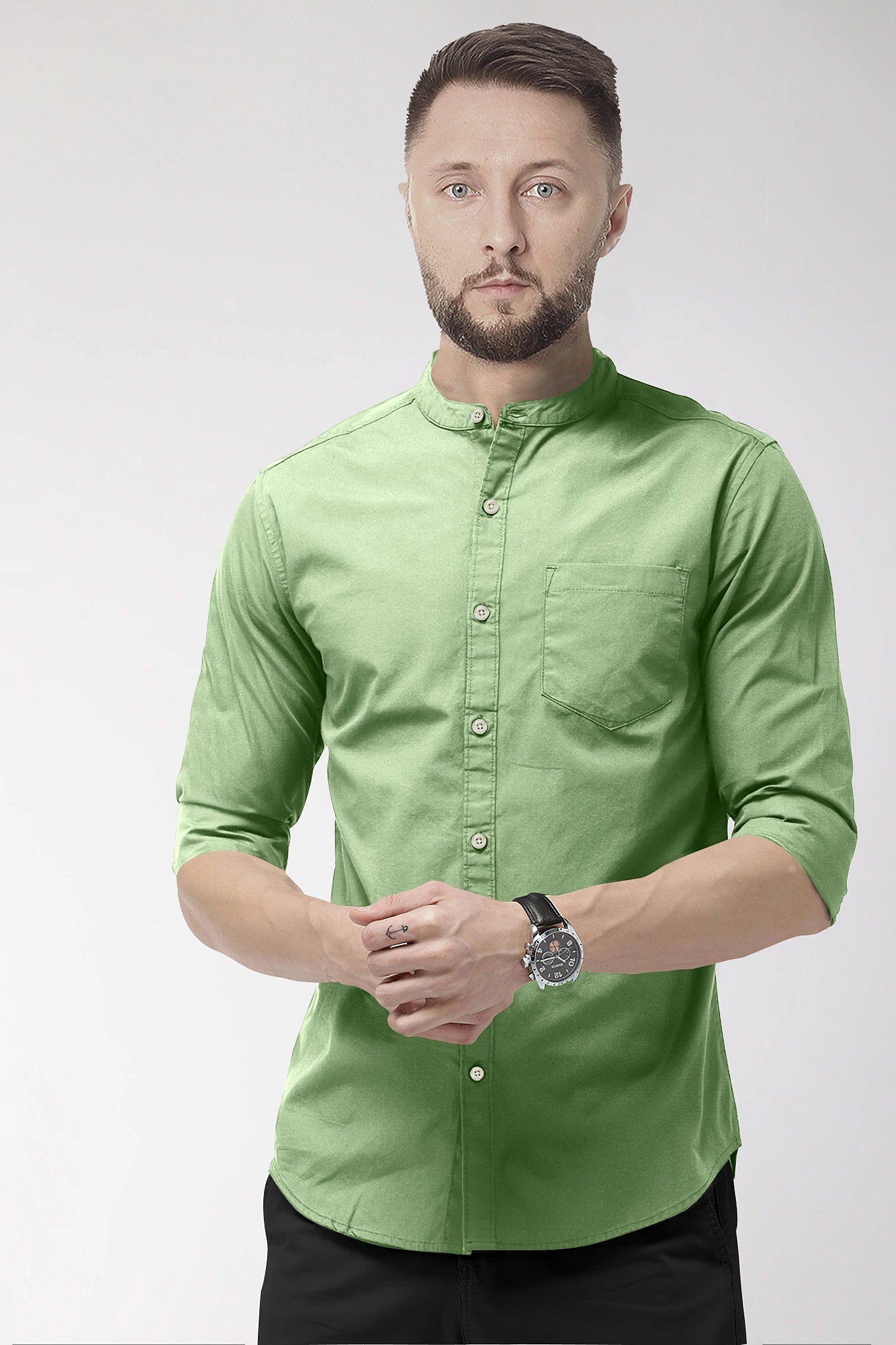 Mantle Green Mandarin Collar Giza Cotton Shirt