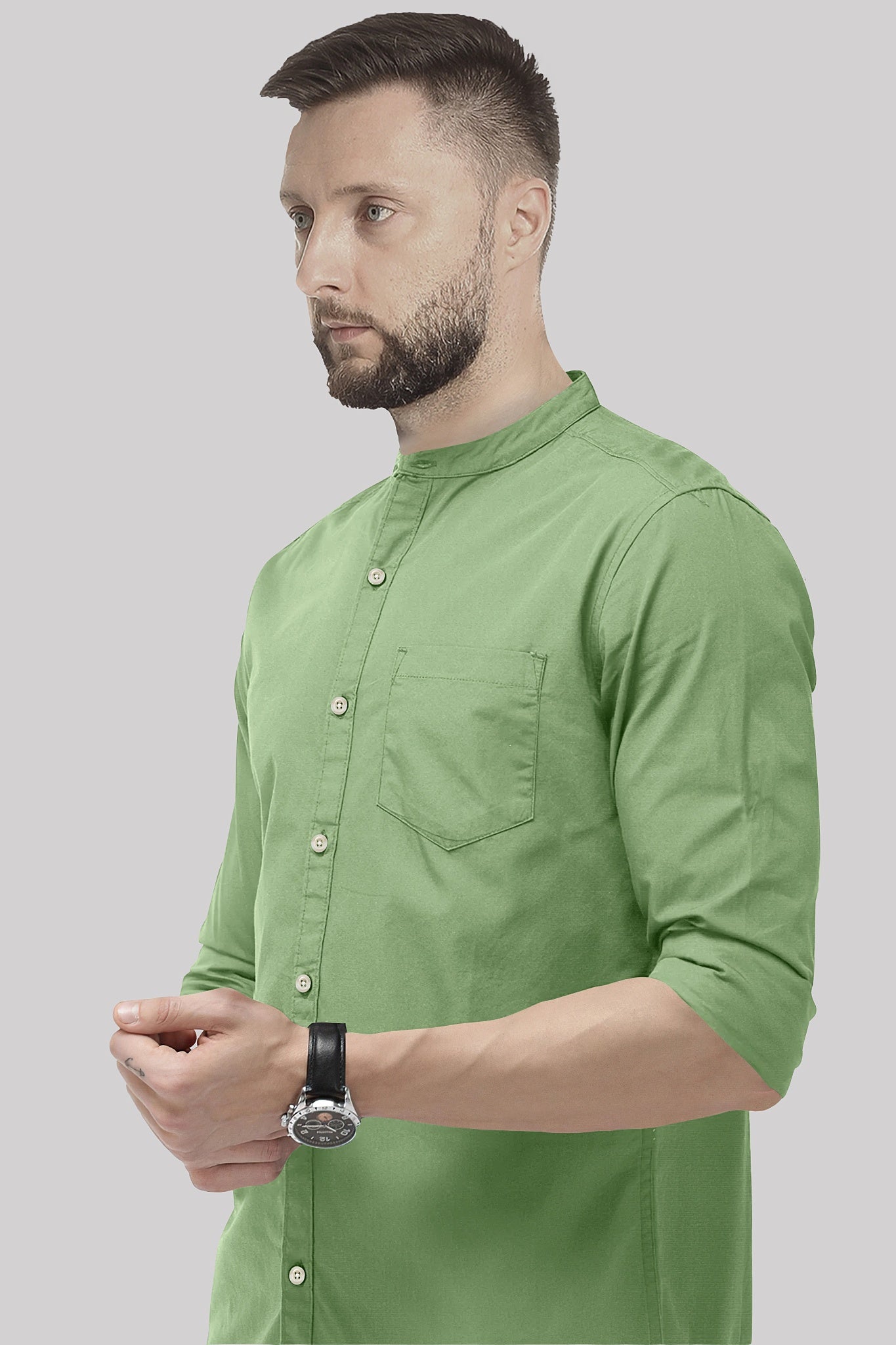 Mantle Green Mandarin Collar Giza Cotton Shirt