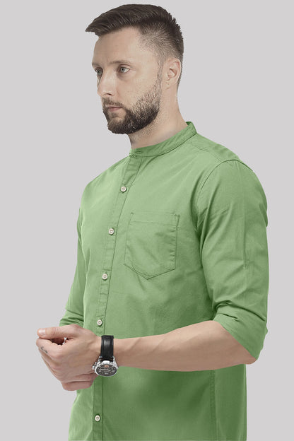 Mantle Green Mandarin Collar Giza Cotton Shirt