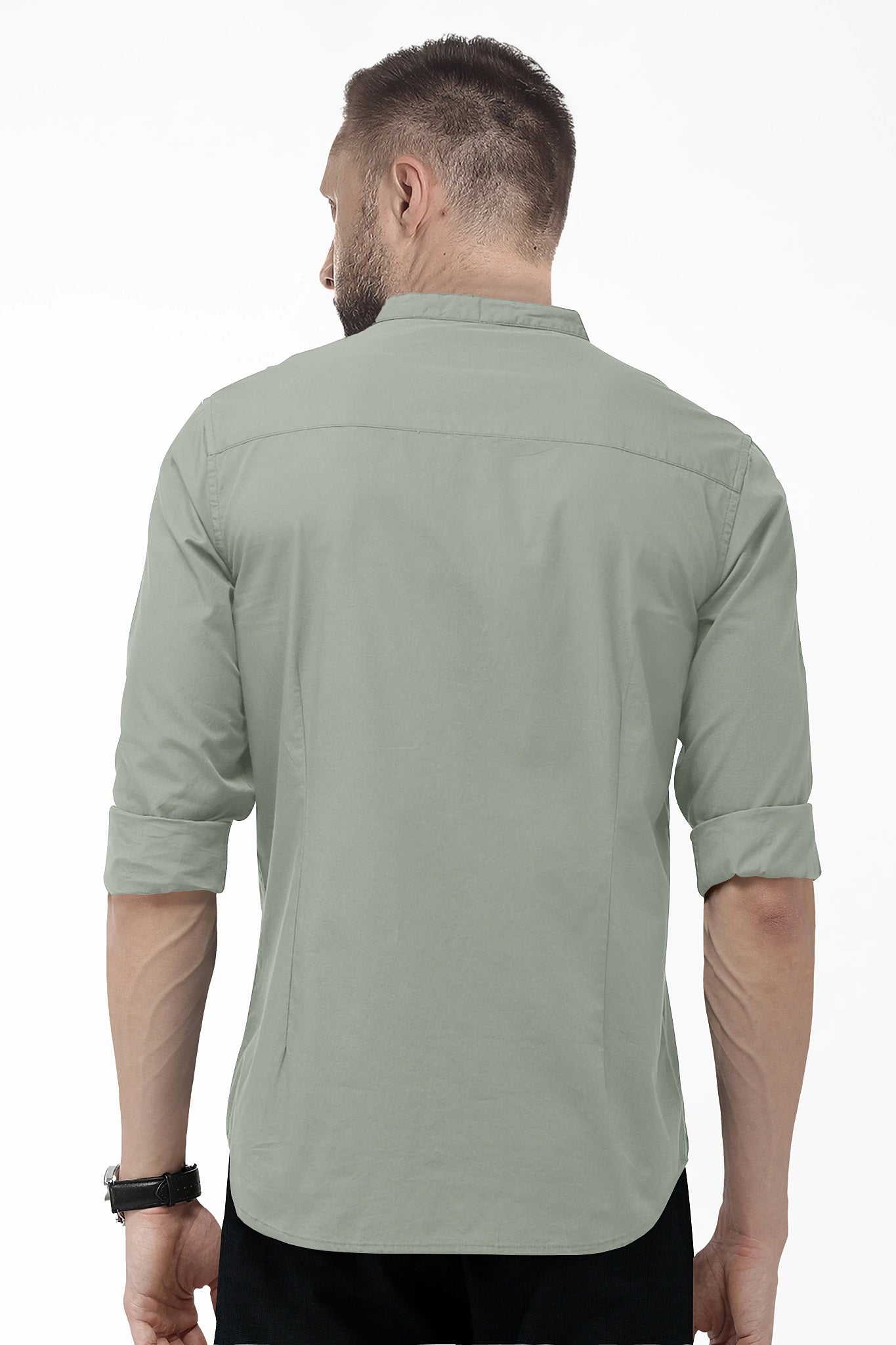 Mantle Green Mandarin Collar Giza Cotton Shirt