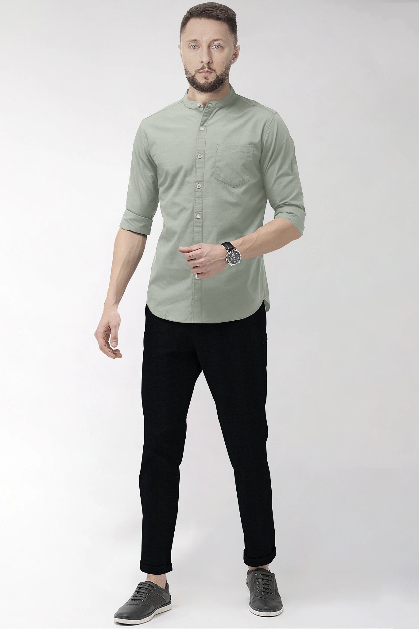 Mantle Green Mandarin Collar Giza Cotton Shirt