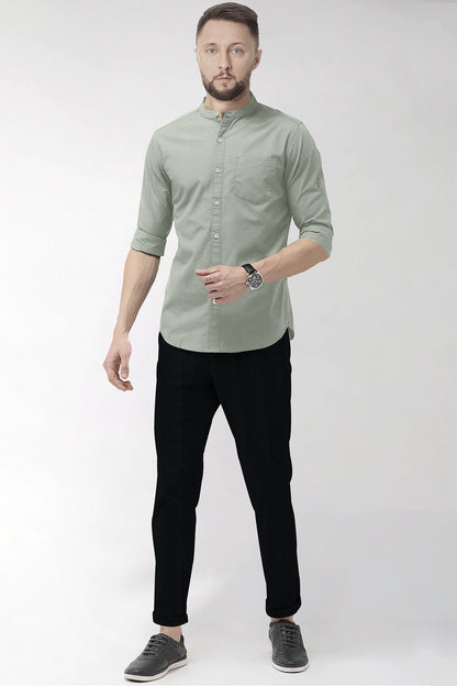 Mantle Green Mandarin Collar Giza Cotton Shirt