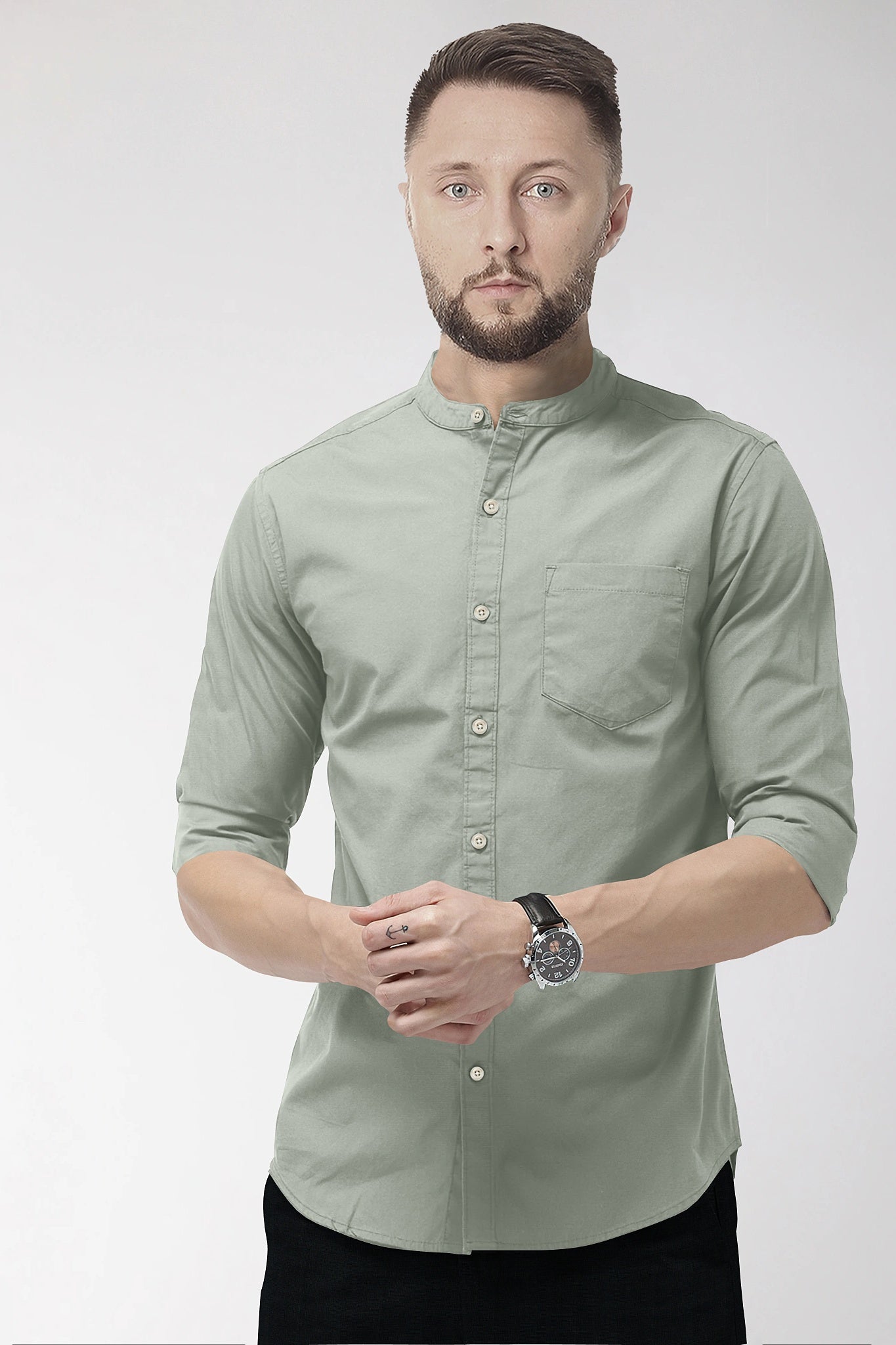 Mantle Green Mandarin Collar Giza Cotton Shirt
