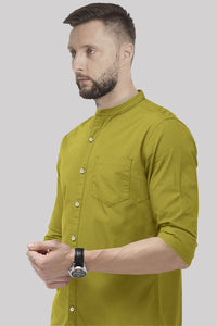Olive Green Mandarin Collar Giza Cotton Shirt