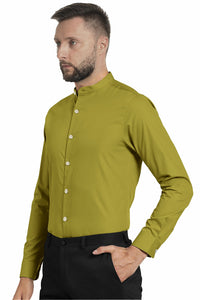 Olive Green Mandarin Collar Giza Cotton Shirt