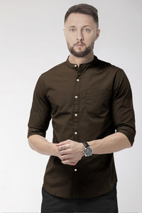 Coffee Brown Mandrin Collar Giza Cotton Shirt