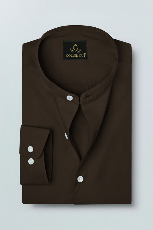 Coffee Brown Mandarin Collar Giza Cotton Shirt