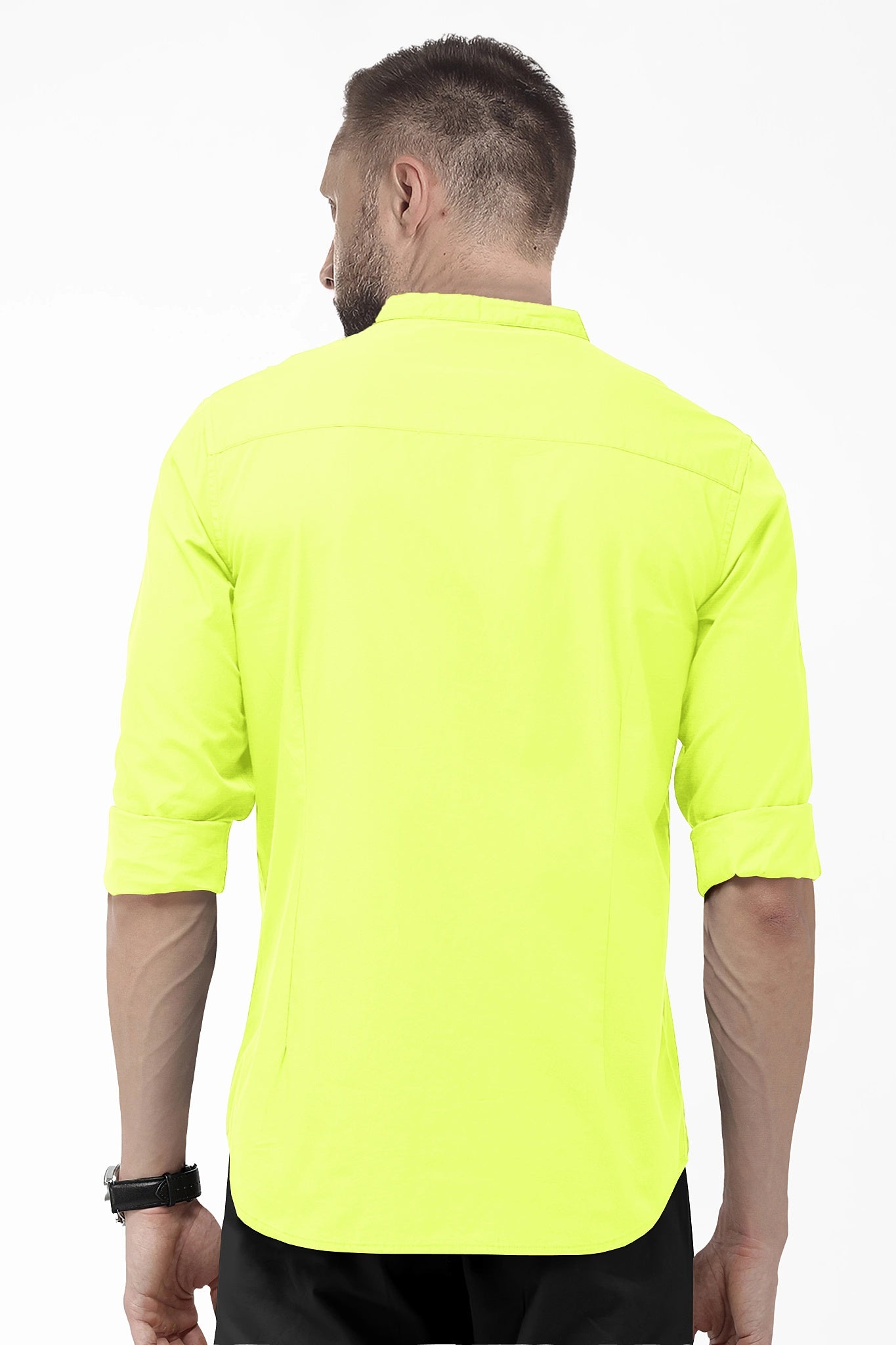 Chartreuse Yellow Green Mandarin Collar Giza Cotton Shirt