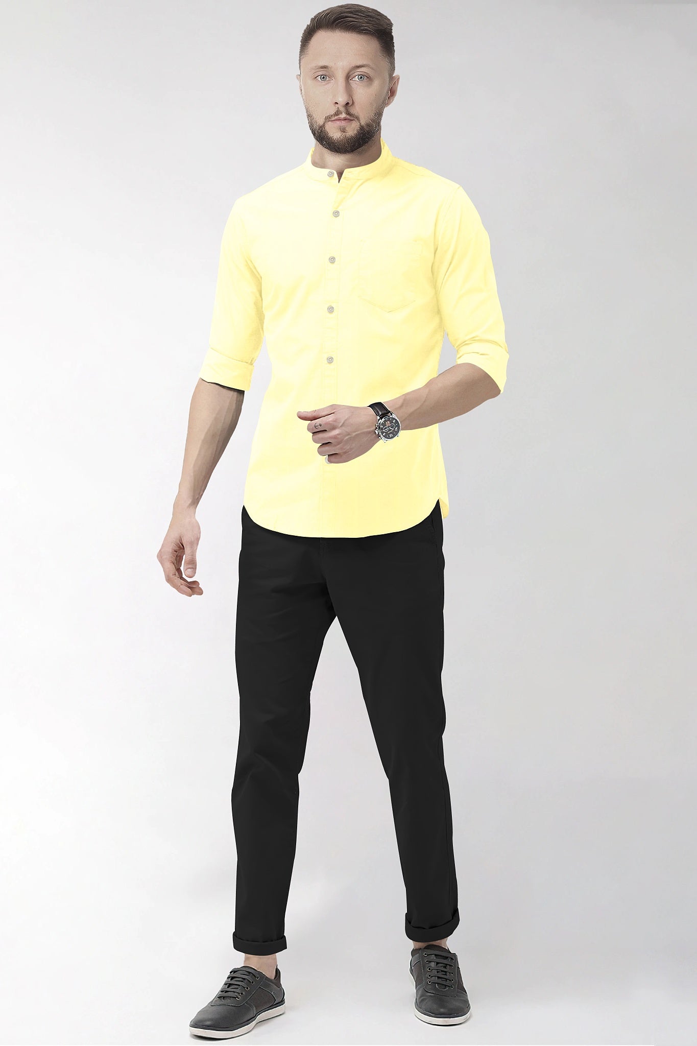 Royal Yellow Mandarin Solid Plain Men's Cotton Shirt