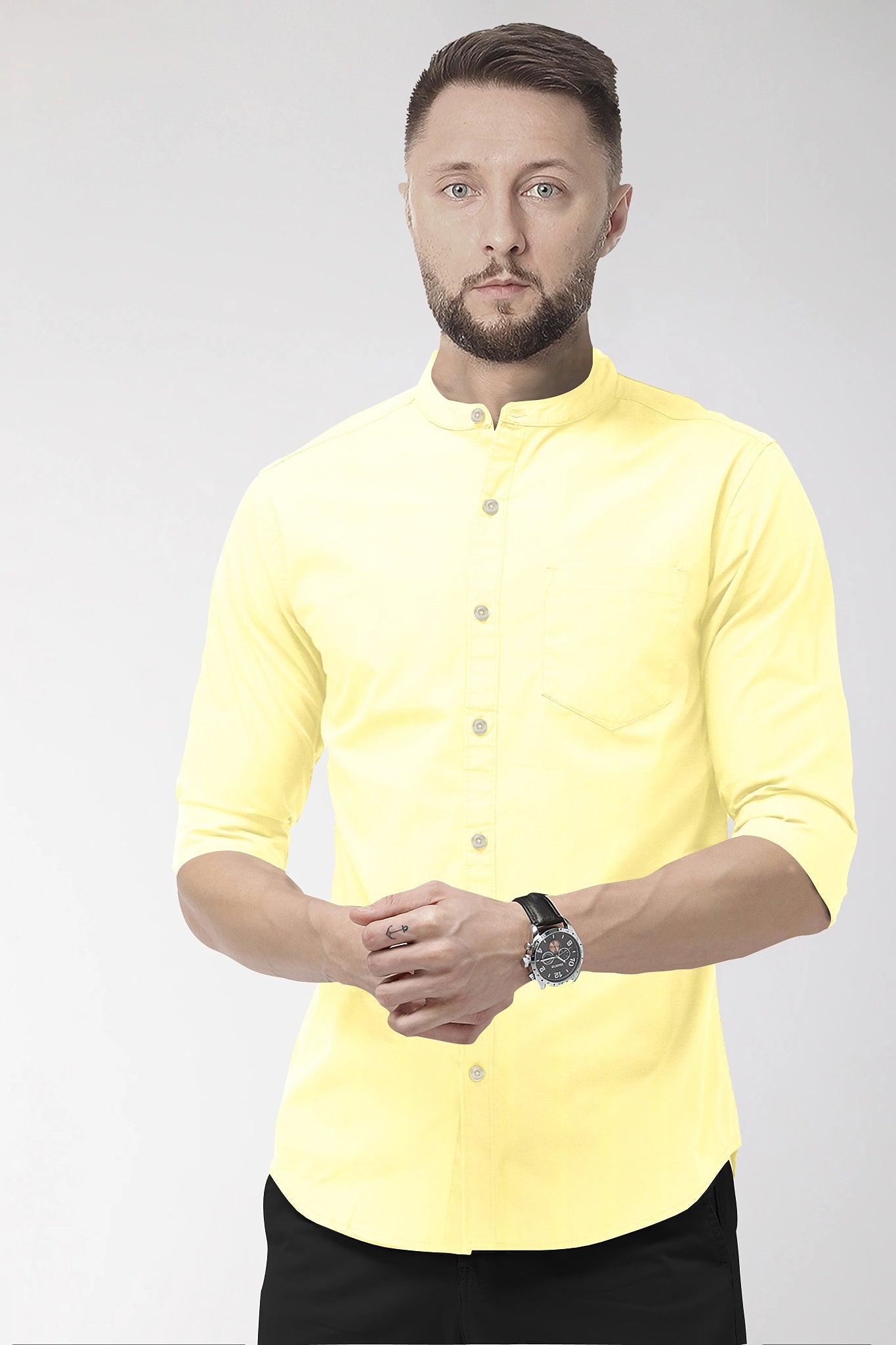 Royal Yellow Mandarin Solid Plain Men's Cotton Shirt