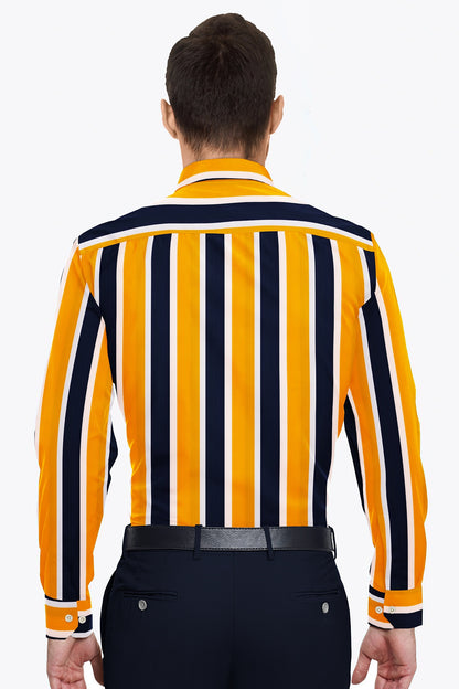 Amber yellow with White and Navy Blue Wide Stripes Men's Cotton Shirt - Linen Shirt in Hyderabad India