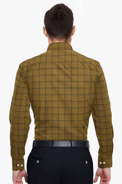 British Khaki and Midnight Blue Windowpane Checks Cotton Shirt