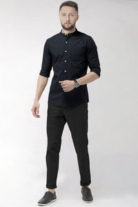Raven Black Mandarin Collar  Solid Cotton Shirt