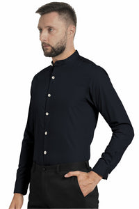 Raven Black Mandarin Collar  Solid Cotton Shirt