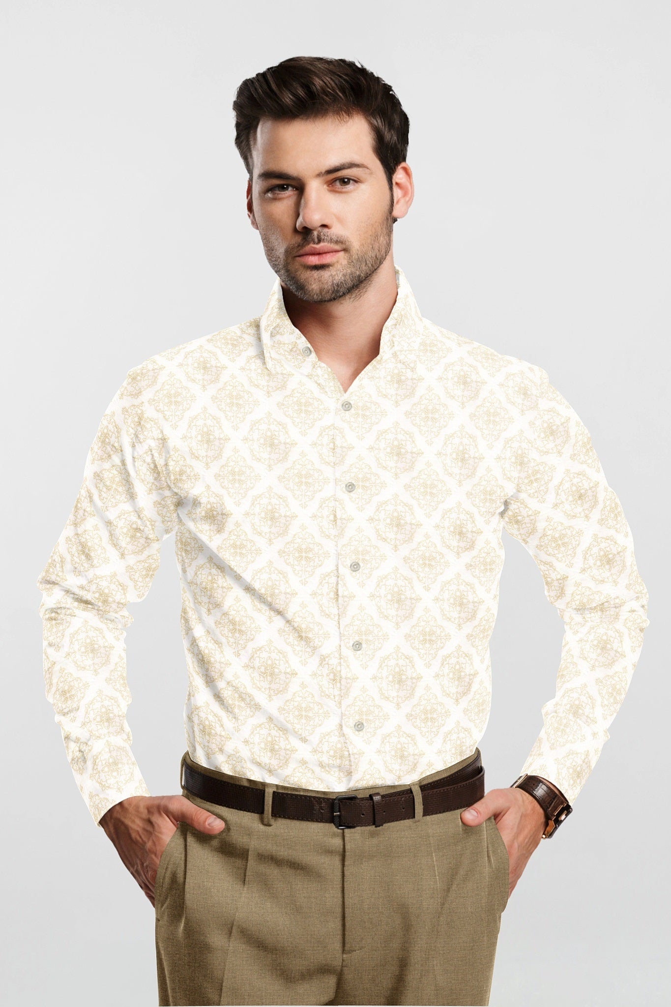 White with Golden Motif Printed Cotton Shirt