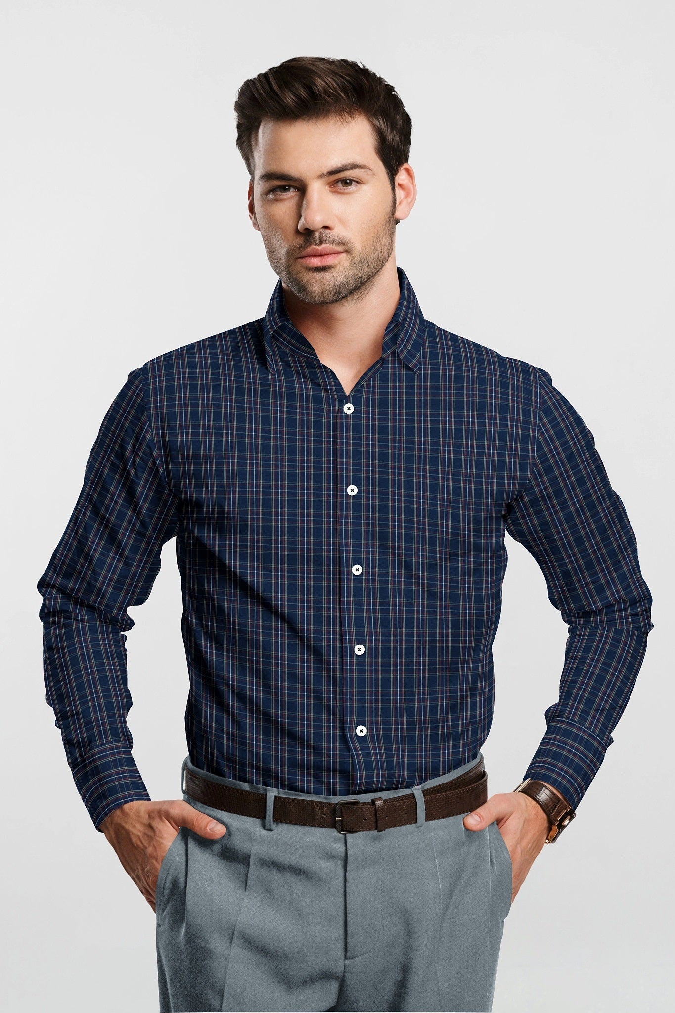 Opal Blue with Merlot Red and White Checks Cotton Shirt