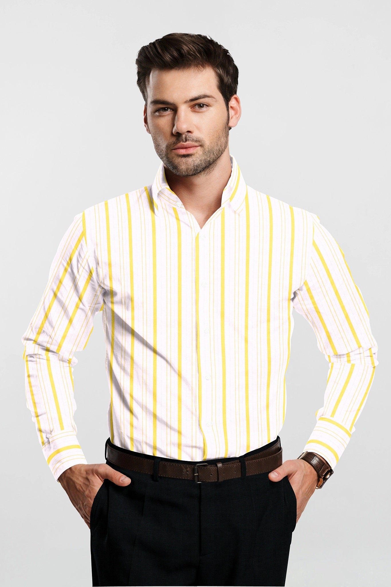 White and Dandelion Yellow Stripes Cotton Linen Shirt Plus size Cotton Linen Shirt in India