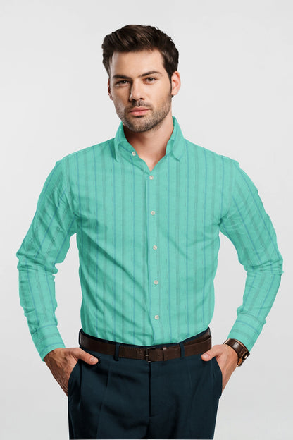 Turquoise with French Blue Wide Stripes Cotton Linen Shirt