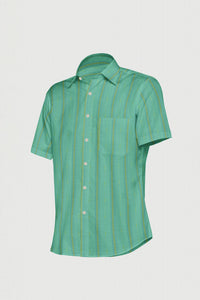 Dark Turquoise with Teal blue and Golden Wide Stripes Cotton Linen Shirt