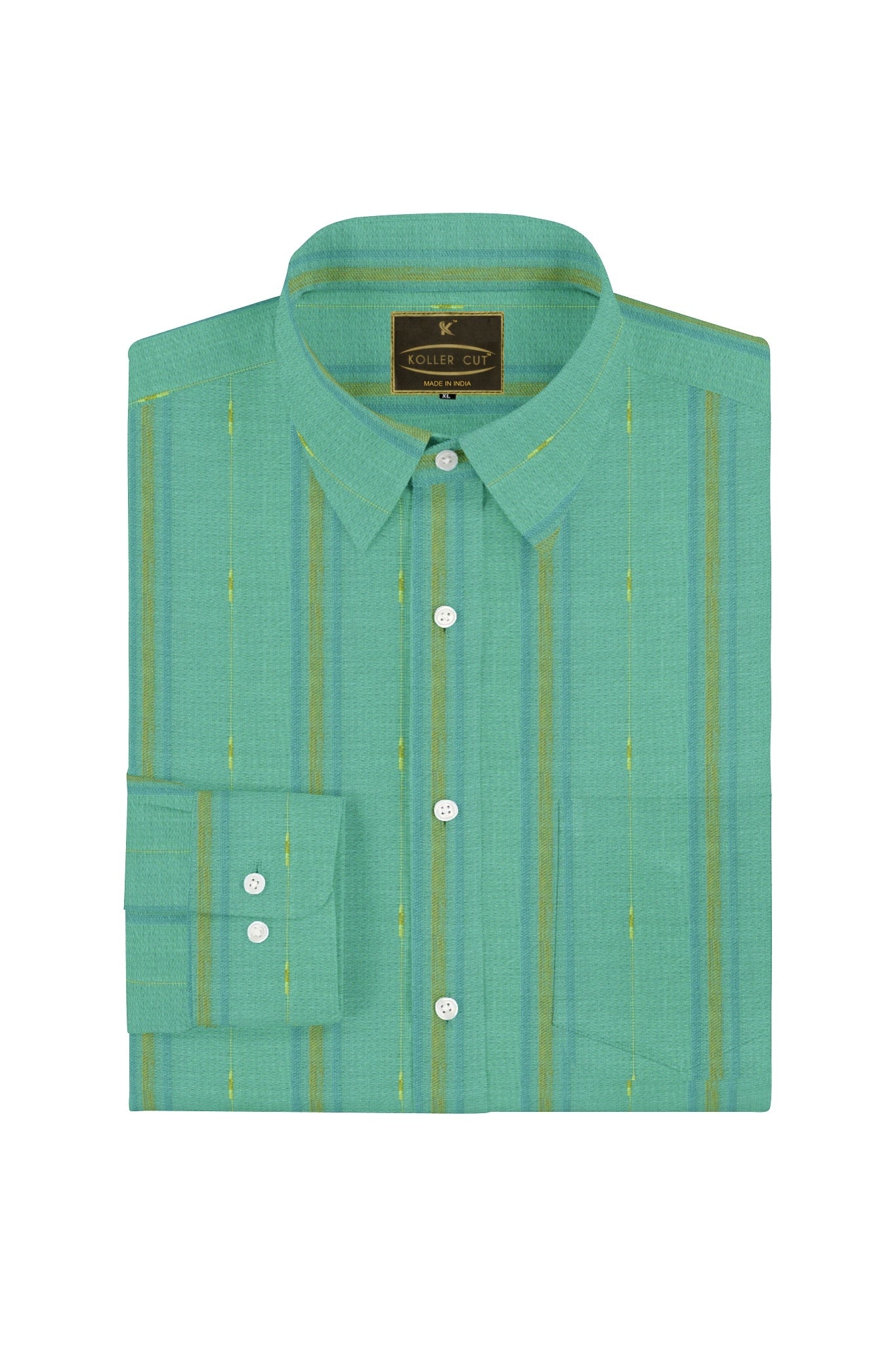 Dark Turquoise with Teal blue and Golden Wide Stripes Cotton Linen Shirt