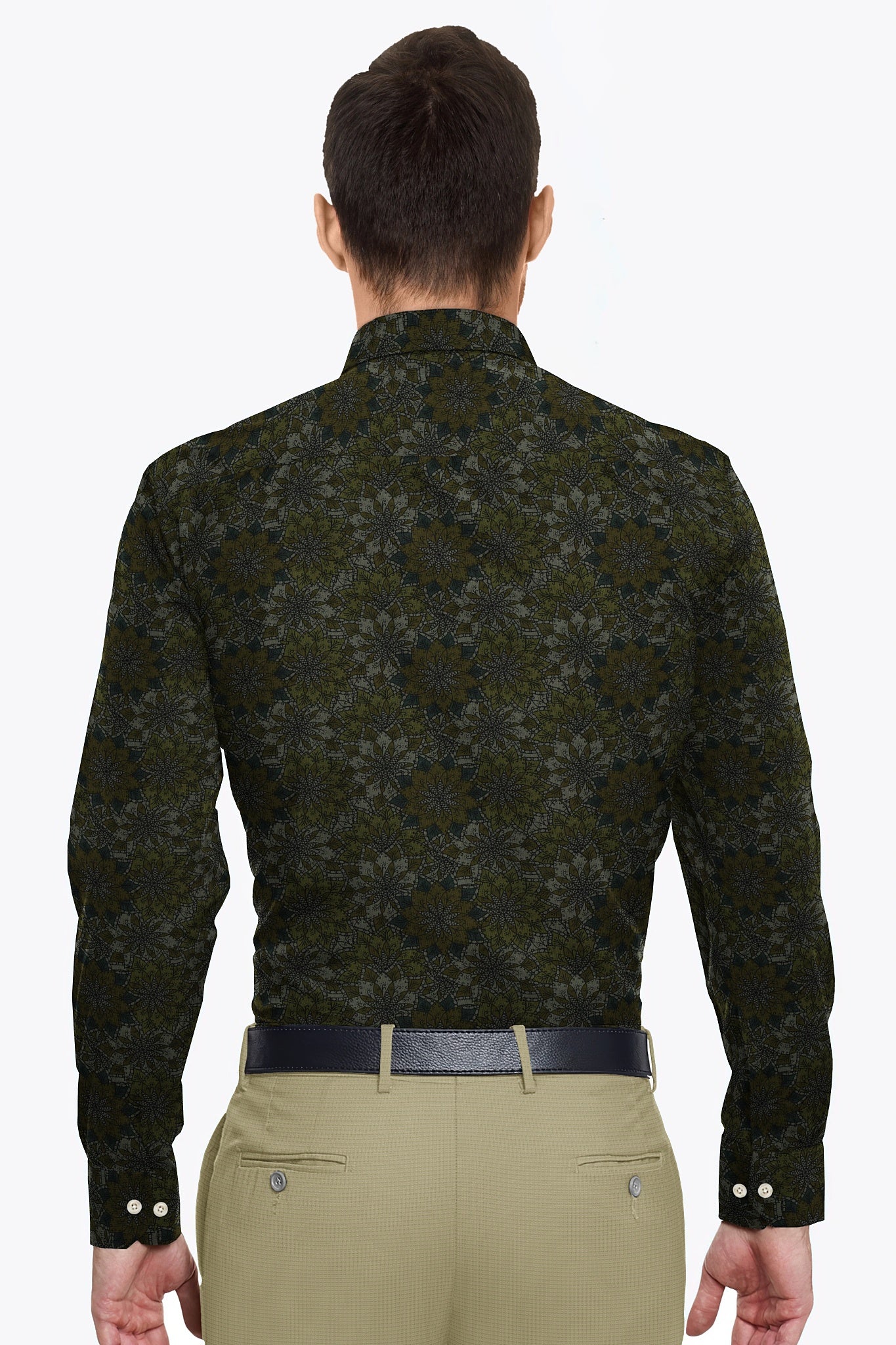 Manatee Gray with Sacramento Green and Olive Green Multicolored Lotus Flower Printed Cotton Shirt