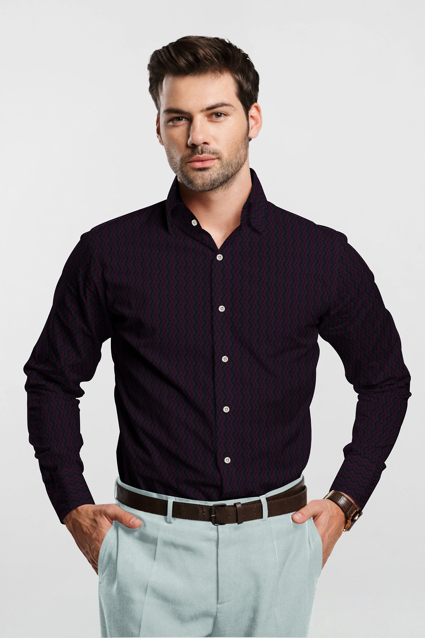 Pitch Black with Purple Wine Chevron Stripes Men's Cotton Shirt