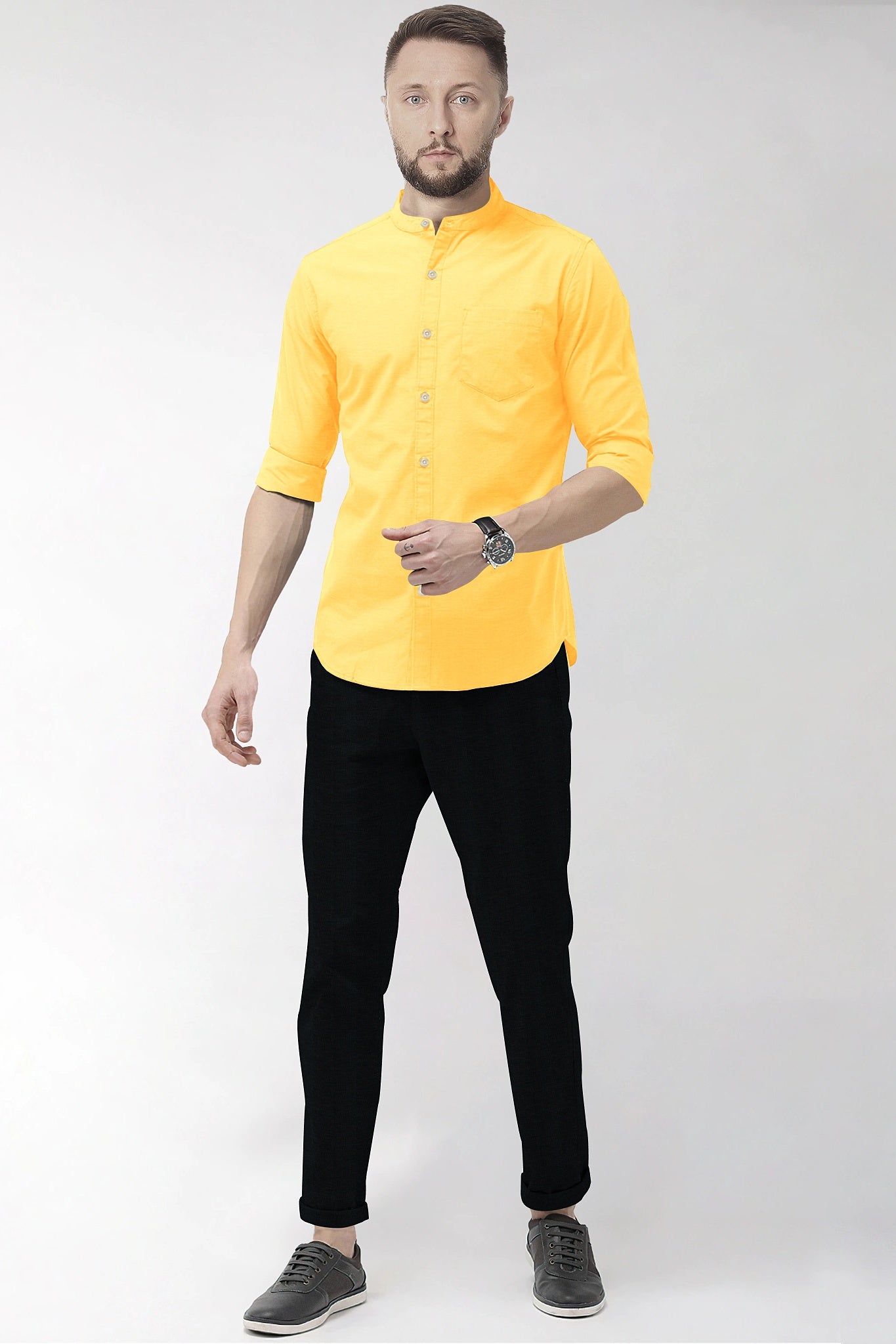 Turmeric Yellow Mandarin Collar Giza Cotton Shirt