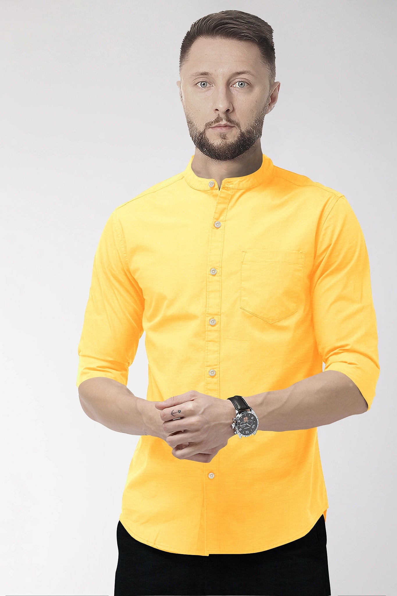 Turmeric Yellow Mandarin Collar Giza Cotton Shirt