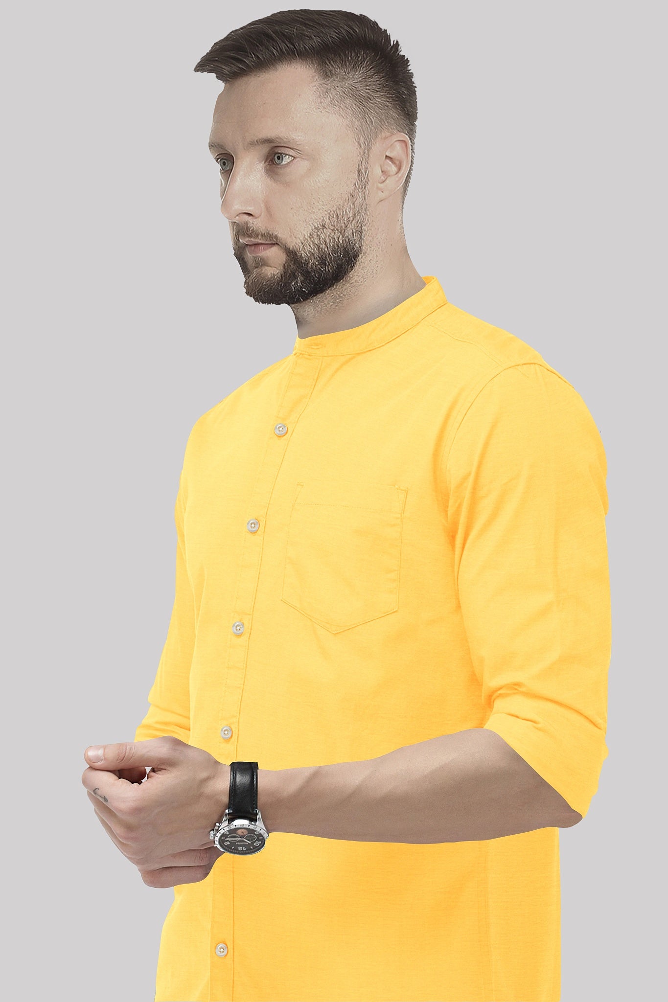 Turmeric Yellow Mandarin Collar Giza Cotton Shirt