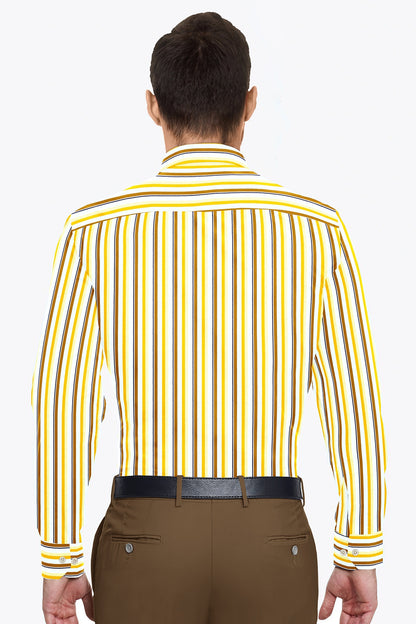 White with Tawny Brown and Saffron Multicolor Wide Stripes Premium Cotton Shirt