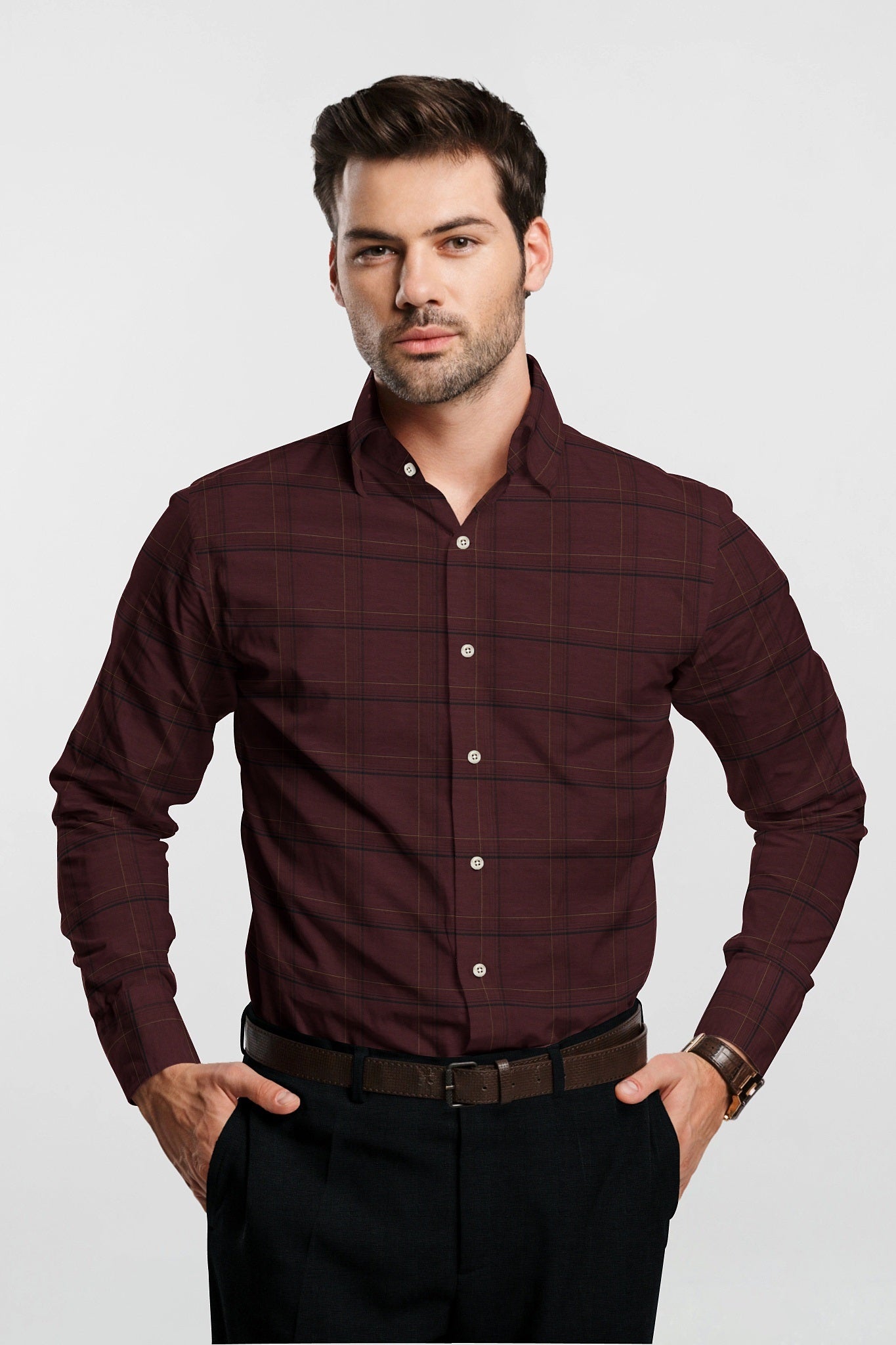 Merlot Red with Black and Mustard Yellow Plaid Cotton Shirt
