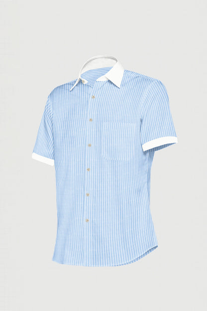 White with Sky-blue Hickory Stripes Designer Cotton Linen Shirt