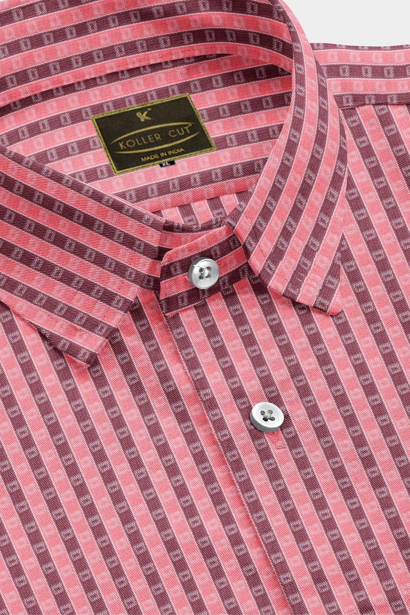 Flamingo Pink and Rosewood Jacquard Square Stripes Men's Premium Cotton Shirt