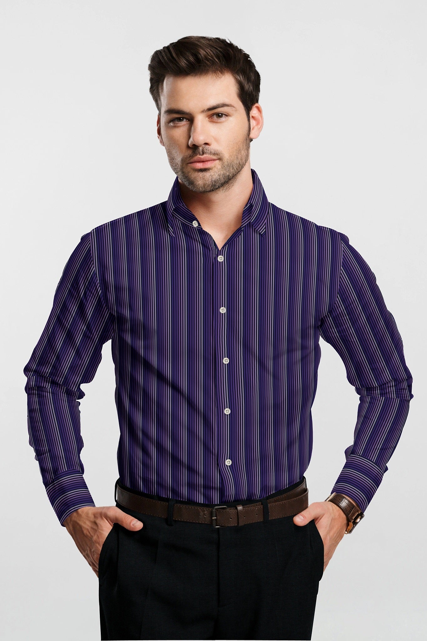 Black with Indigo and Purple Multicolored Multitrack Stripes Men's Cotton Shirt