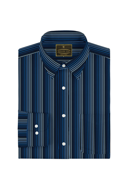 Black with Sapphire Blue and Egyptian Blue Multicolored Multitrack Stripes Men's Cotton Shirt