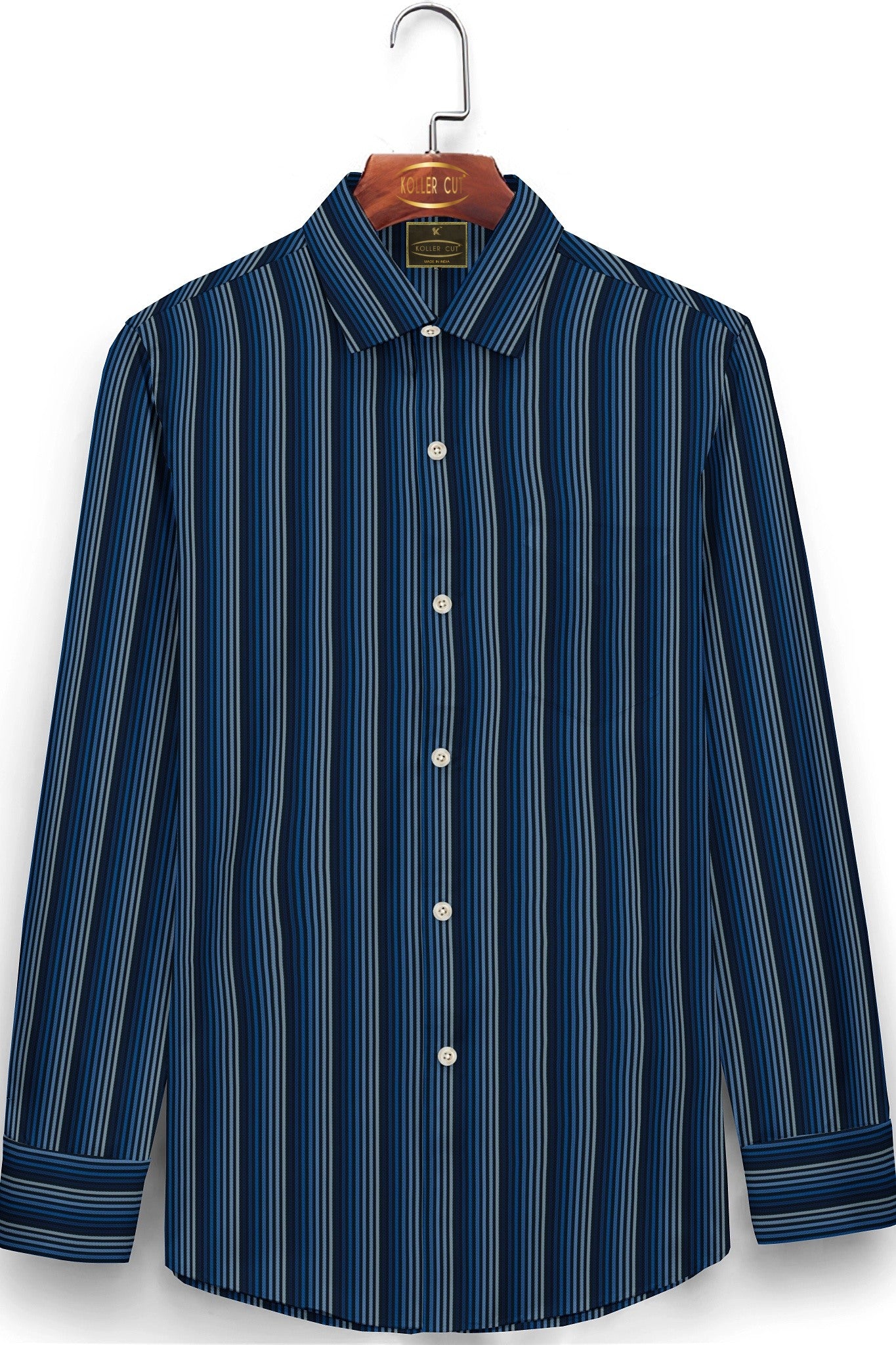 Black with Sapphire Blue and Egyptian Blue Multicolored Multitrack Stripes Men's Cotton Shirt