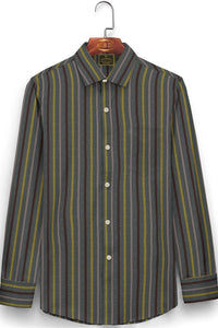 Pecan Brown with Mustard Yellow and Grey Stripes Cotton Shirt