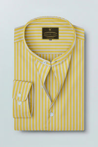 Lemon Yellow and Cloud Grey Mandarin Collar Candy Stripes Men's Cotton Shirt