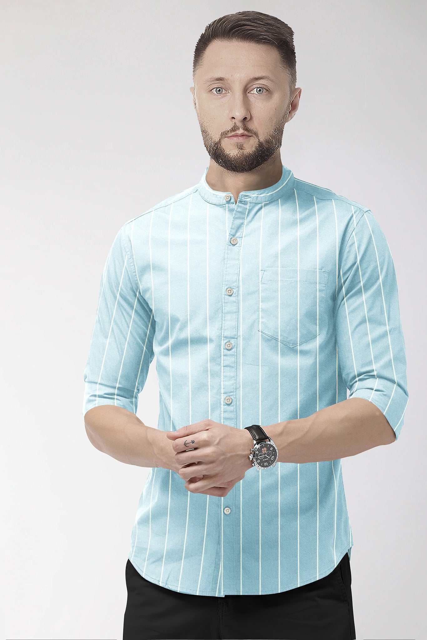 Blizzard Blue and White Mandarin Collar Wide Pinstripes Cotton Linen Shirt