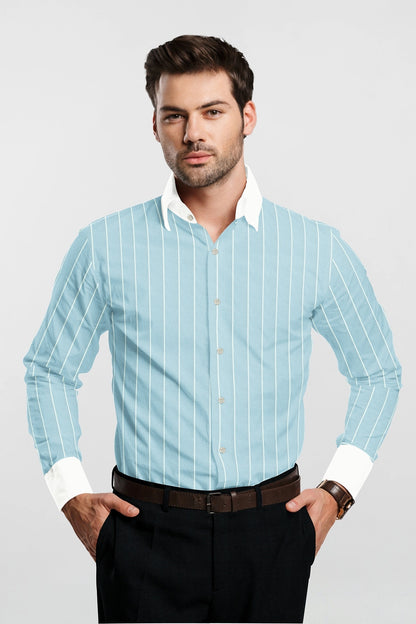 Blizzard Blue and White Wide Pinstripes Designer Cotton Linen Shirt